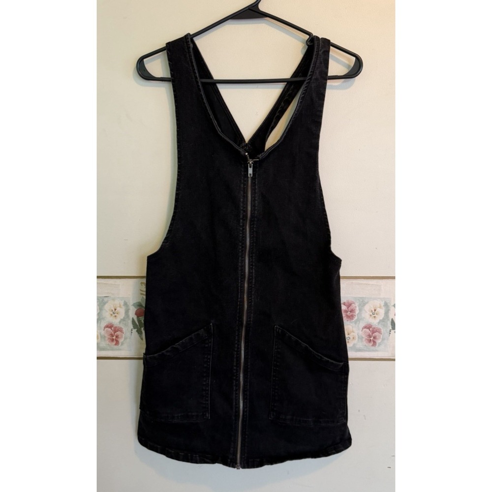 SO Womens Small Black Denim Overall Dress Zip Front Pinafore Jumper Pockets